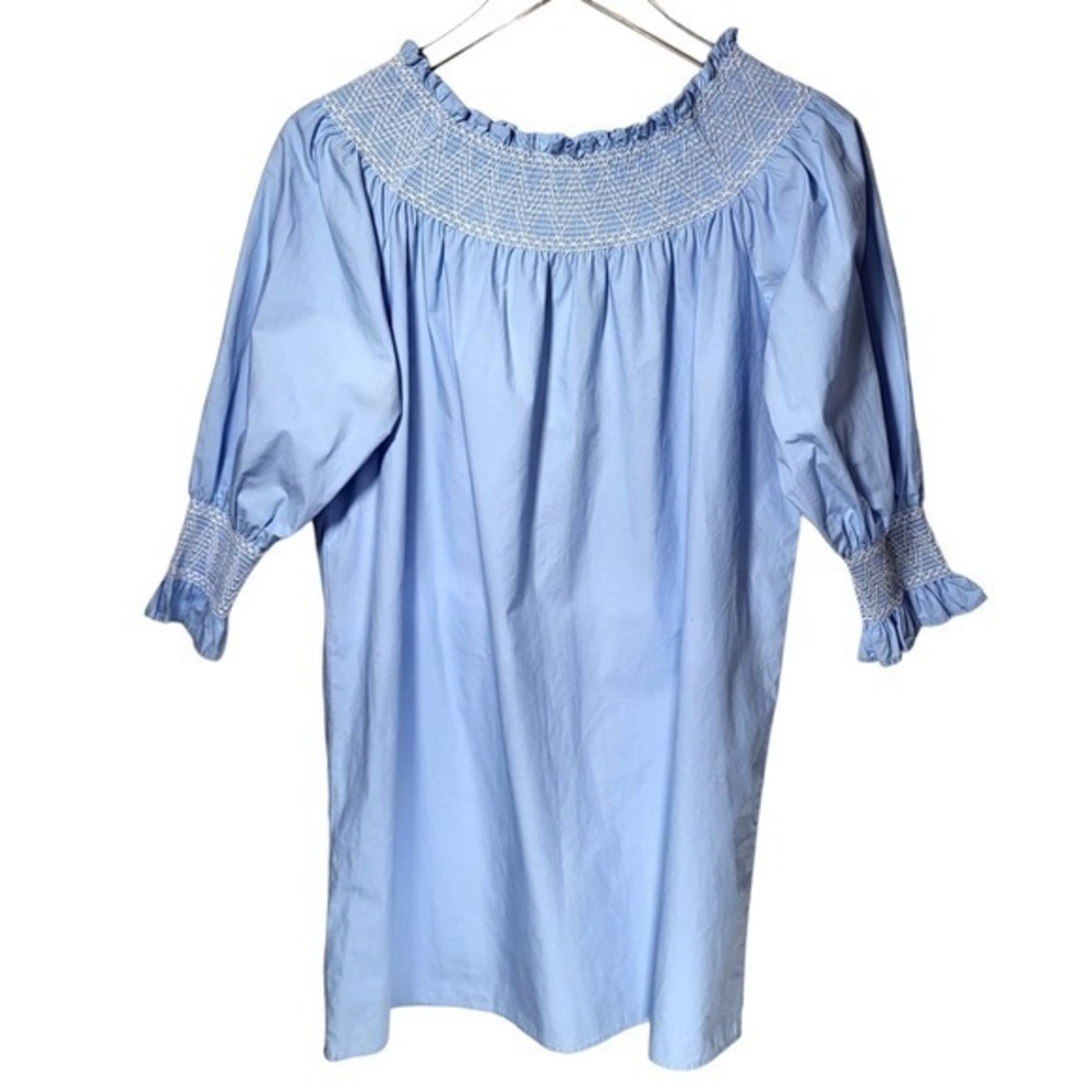 NEW Zara Cotton Off The Shoulder Smocked Poplin Babydoll Mini Dress in Blue - Picture 2 of 9